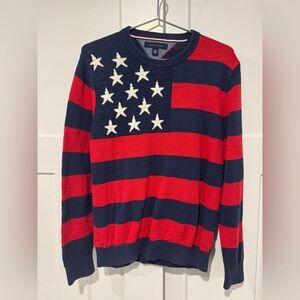 Tommy Hilfiger Men's Navy and Red Striped Crewneck Sweater